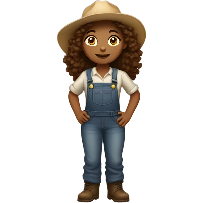 full body farmer girl standing, medium skin tone, brown curly hair, dark eyes emoji