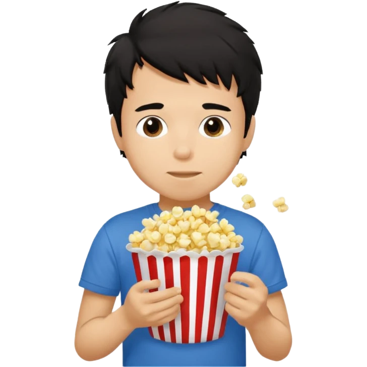 generate a pretty tan bratz boy with a blue tshirt on. eating popcorn. messy black hair emoji