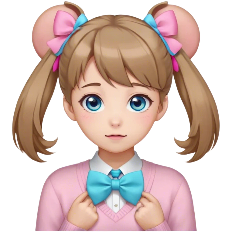Neuro-sama, AI Vtuber, light-brown hair, blue big round eyes, anime style, pink bow ties in hair, blushing, cute, cyan bow tie on neck, beige sweater, pig tails, white heart hair clip, emoji