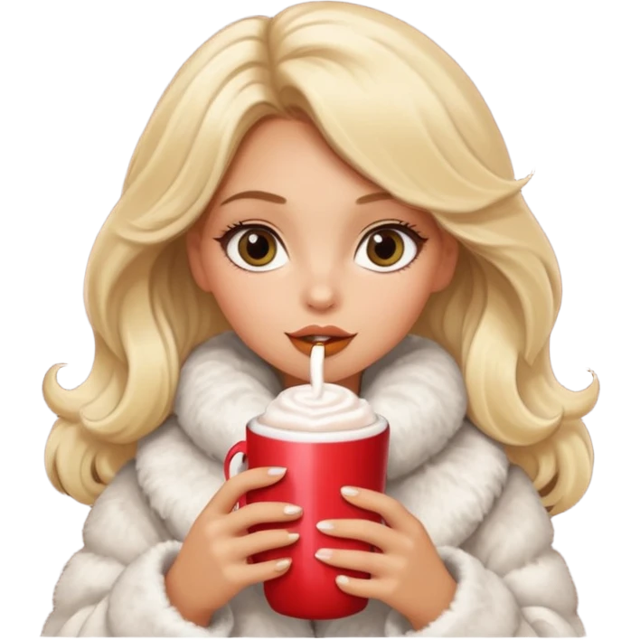 Tanned Girl with lashes , blonde hair, in an extremely big fluffy oversized coat and hold hot chocolate drink and big eyes, big lip emoji