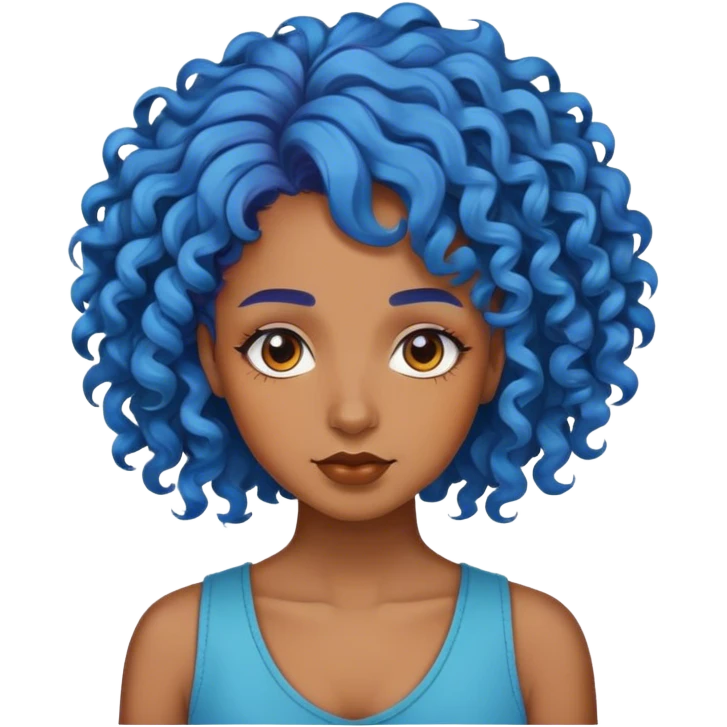 Mulher pele marrom cabelo colorido e cacheado azul  emoji