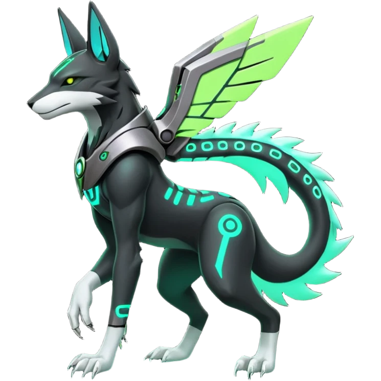 Black and green cyberpunk intricate neon glowing grey white futuristic cyborg-Anubis-Hermanubis-Zeraora-Zoroark-Umbreon-Litten-Salandit-fusion (full body) emoji