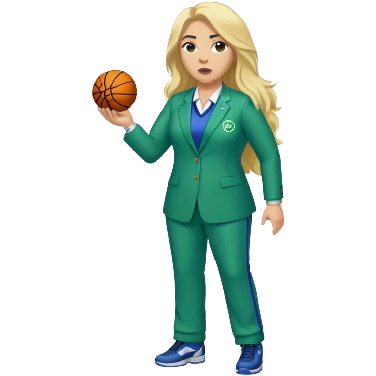 Full Body white plus size female basketball head coach with whistlewith long blonde hair in a blue and green suit emoji