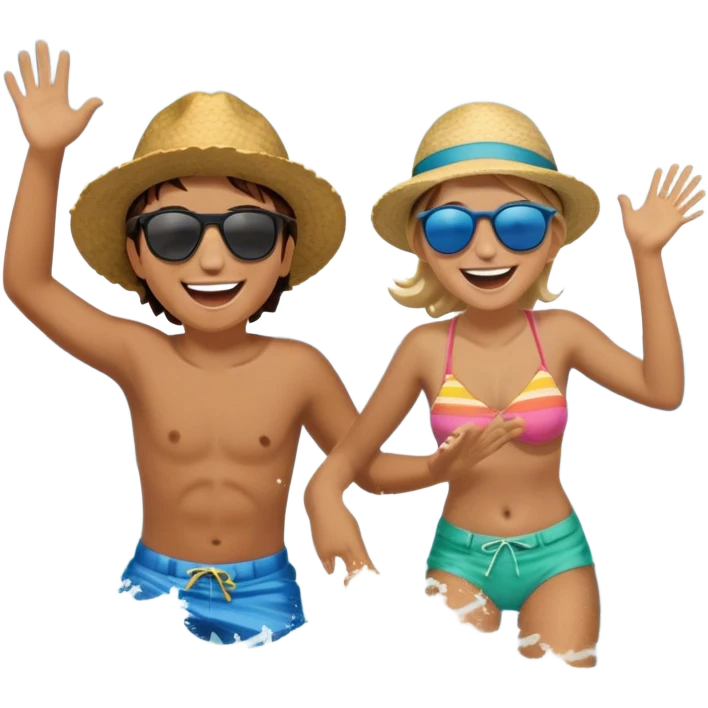 A person splashing in the ocean, laughing with a warm friend beside them. They’re playfully pretending to be explorers, fully immersed in the fun. The sun glows above, and the waves crash around them, symbolizing the joy of being present, creating fun, and appreciating the moment with the people  emoji