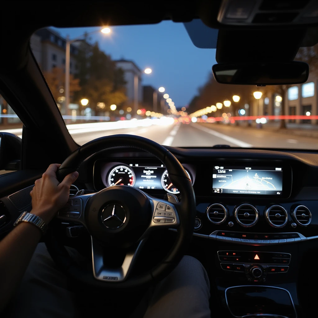 Mercedes E63 2024, realistic first-person view from behind the steering wheel, left hand on wheel, night driving in Bucharest, city lights, motion blur, city traffic ahead, photorealistic emoji