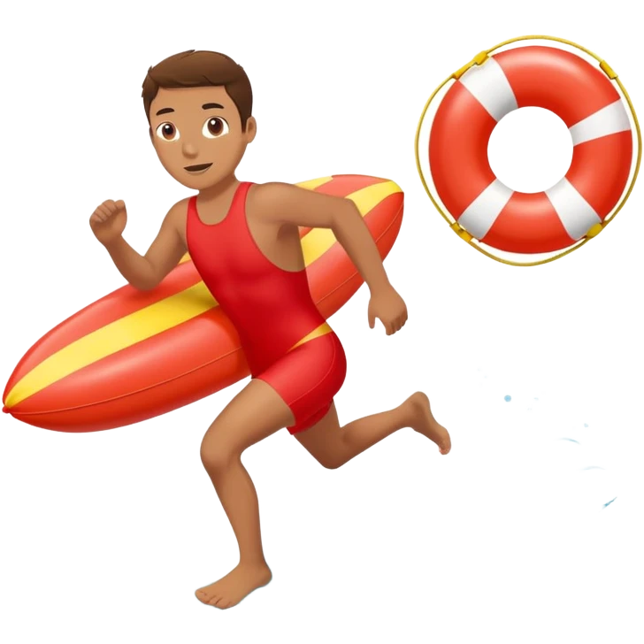 lifeguard in red swimsuit running with rescue float emoji
