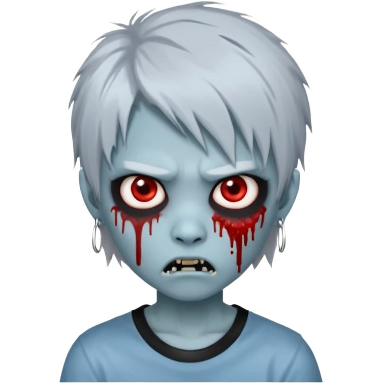  3D emoji-style avatar with very pale blue-grey zombie skin , a young Asian face, and large eyes with blood tears. Give it white litle bit messy mullet hair style , silver hoop earrings, and a plain black T-shirt. The face expression should be slightly angry, with vampire fang emoji