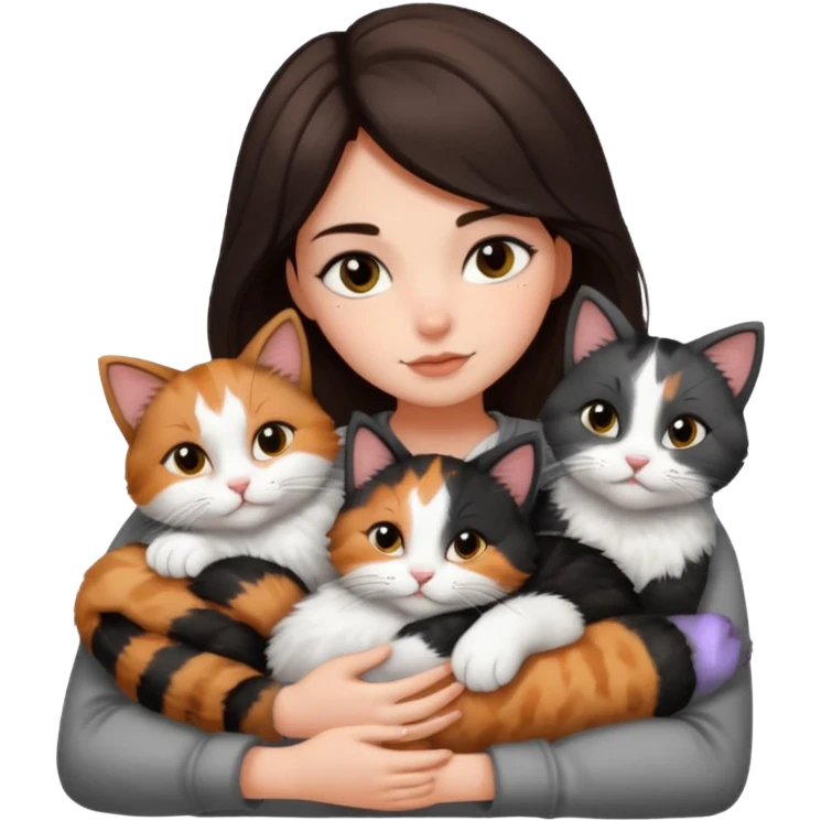 brunette girl snuggling 6 cats emoji