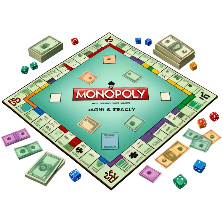 A photorealistic icon featuring a Monopoly board with property spaces, colorful game tokens, dice, and stacks of money. The design includes detailed textures of the board, cards, and tokens, capturing the essence of the Monopoly game. Transparent background, symbolizing Monopoly and board games. emoji