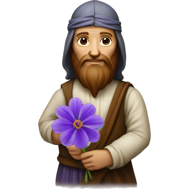 leonardo da Vinci holds a purple flower in his hands emoji