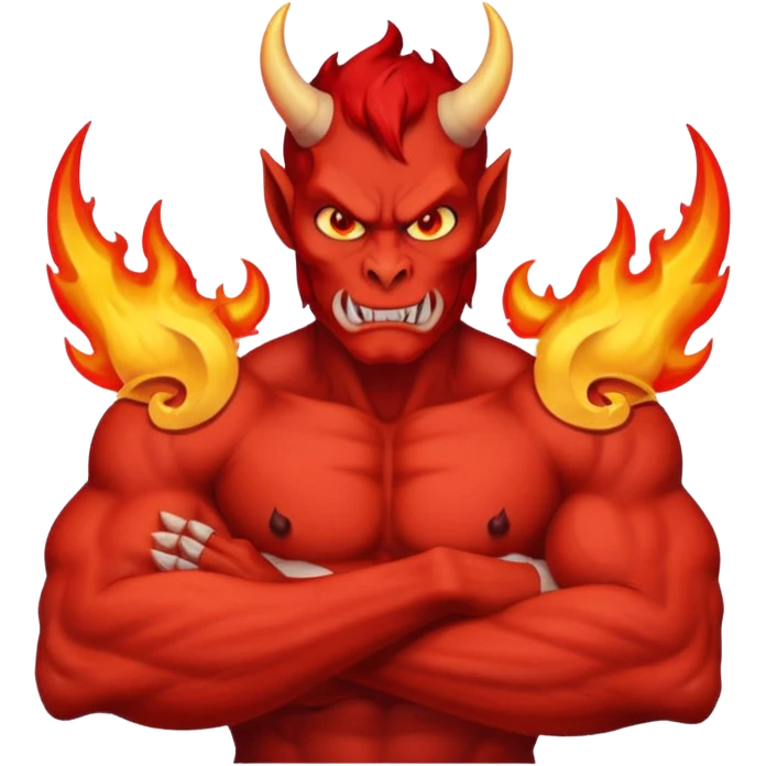 a Red devil, short horn Devil with flaming eyes, crossing arms emoji