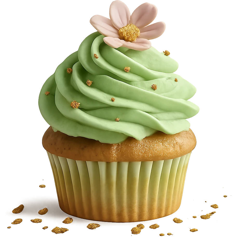 Change the icing to pistachio (light green), keep the realistic cupcake and accessories, photorealistic style, transparent background. Maintain the photorealistic look and details of the cupcake and accessories with a light green pistachio icing. Remove the background to make it transparent. emoji