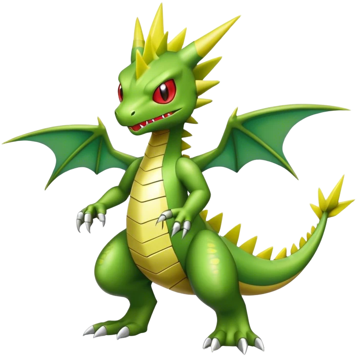 Cool cute shiny futuristic Flygon-Tyranitar-Digimon-hybrid-fusion, yellow belly, full body emoji