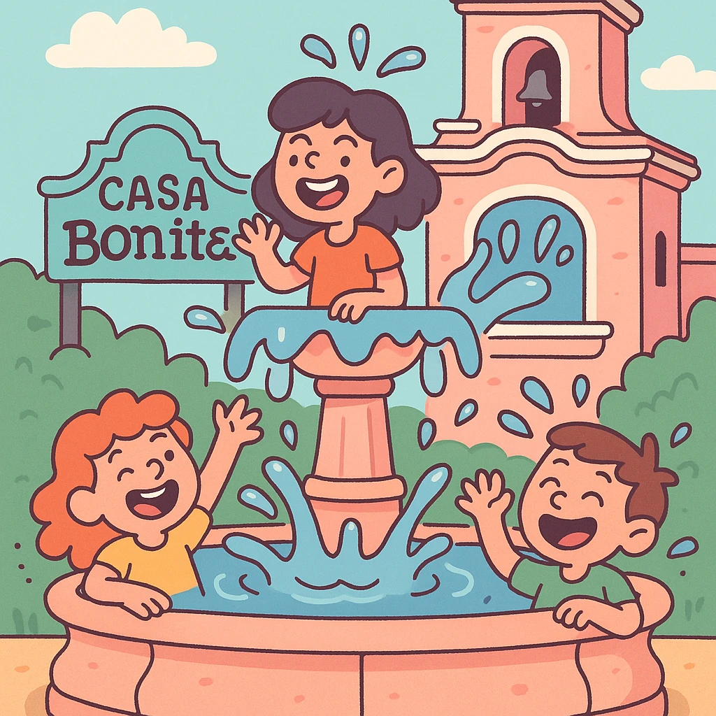 Casa Bonita Fountain, stylized, pastel colors, playful, cartoonish, water feature emoji