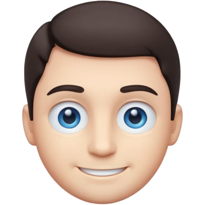 Cute 3D emoji of a smiling man with short dark hair and blue eyes, round face, simplified features, oversized glossy eyes, soft gradient shading, pastel tones, clean vector style, smooth edges, minimal background, transparent PNG, sticker icon emoji