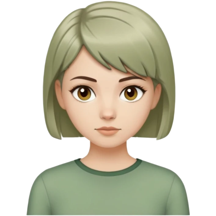 White girl with short wolfcut hairstyle, brown eyes, straight hair, wearing a sage green top emoji