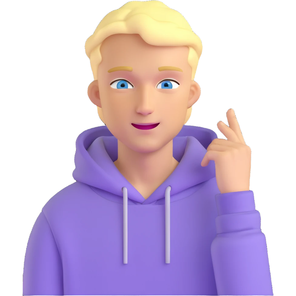 blonde man with blue eyes, lilac hoodie, winking emoji