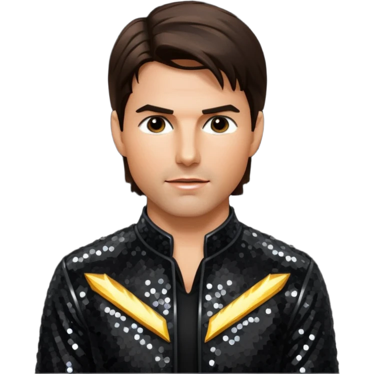 Tom Cruise with dark brown hair, black sequin outfit emoji