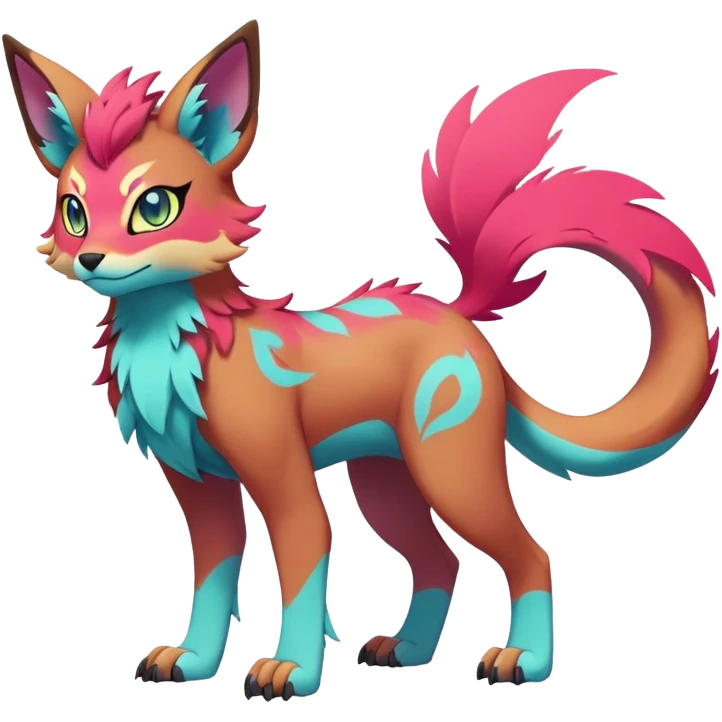 Male Neon-colored multi-colored cute cool exotic anime-styled Falvie-Fionbri-fantasy-creature-fursona-Fakémon-Pokémon, full body, with markings emoji