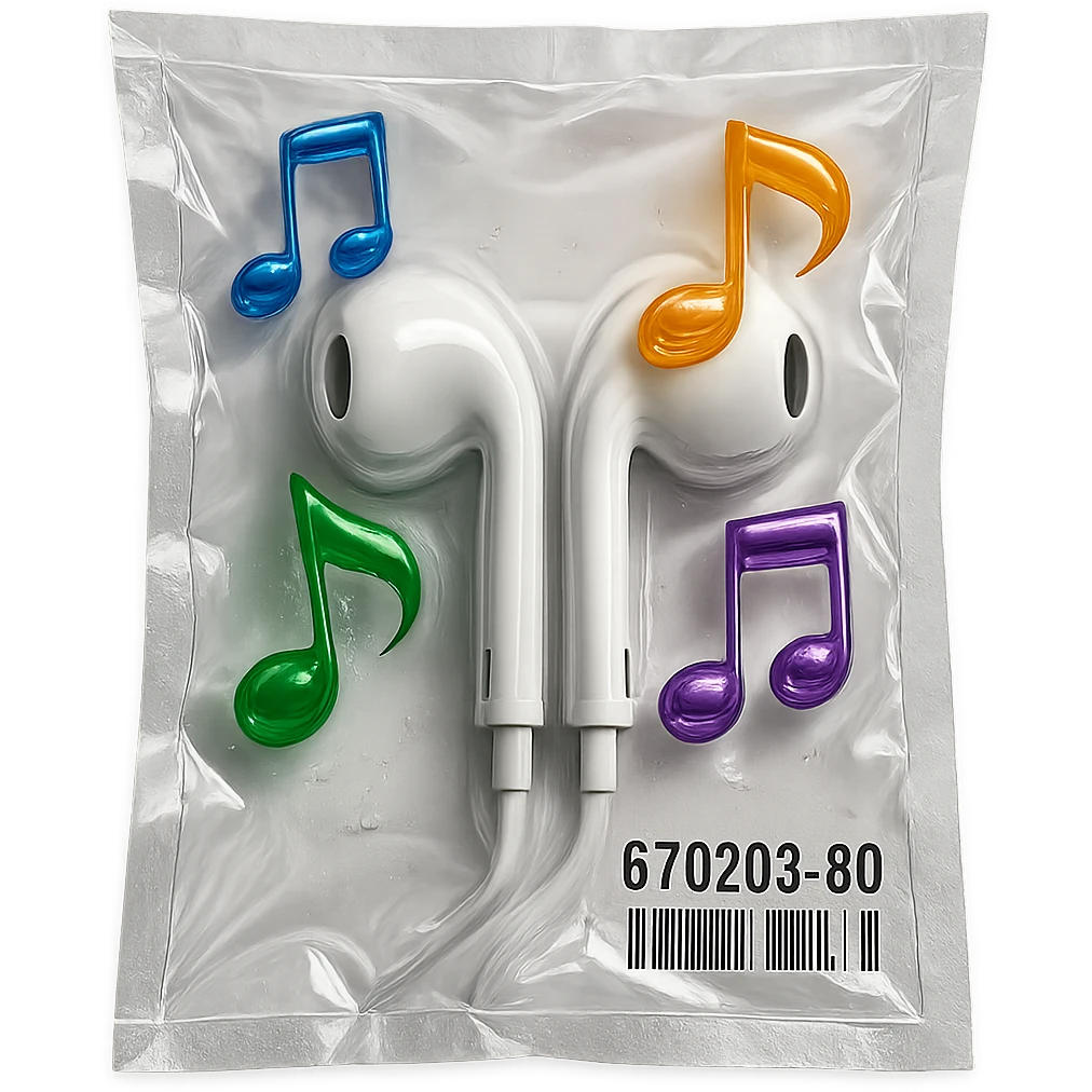 pair of white EarPods with floating multicolored glassy music notes around, shiny and inflated emoji