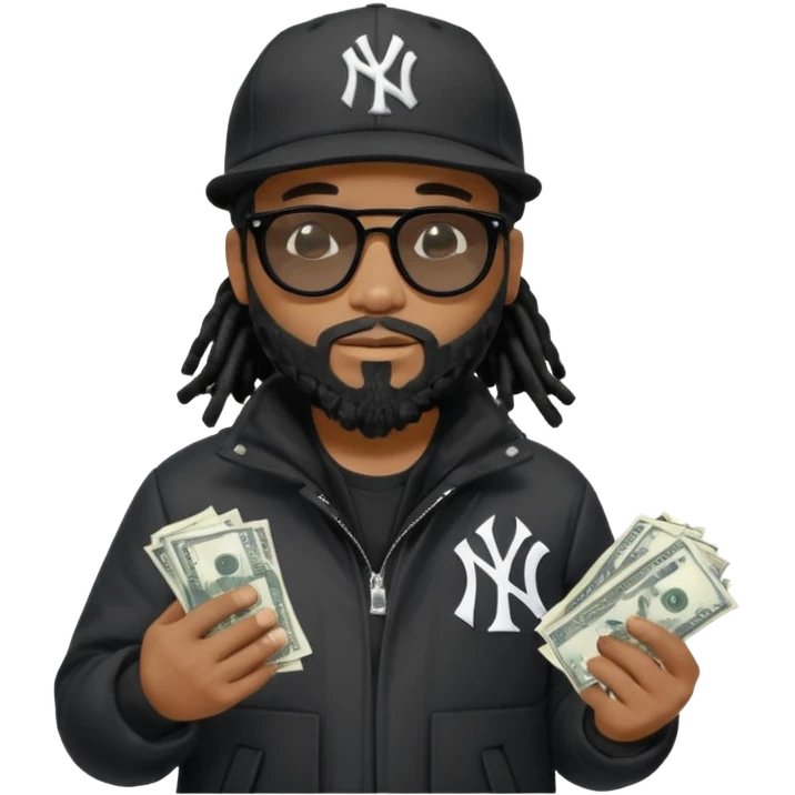 African American man with shoulder length black dreadlocks with black beard wearing black sunglasses wearing a black New York Yankees logo baseball Cap wearing a black bubble winter coat spreading money emoji
