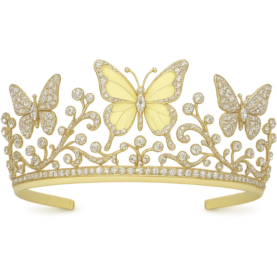 butterfly crown with a soft yellow base, one butterfly in light yellow enamel, sparkling gems emoji