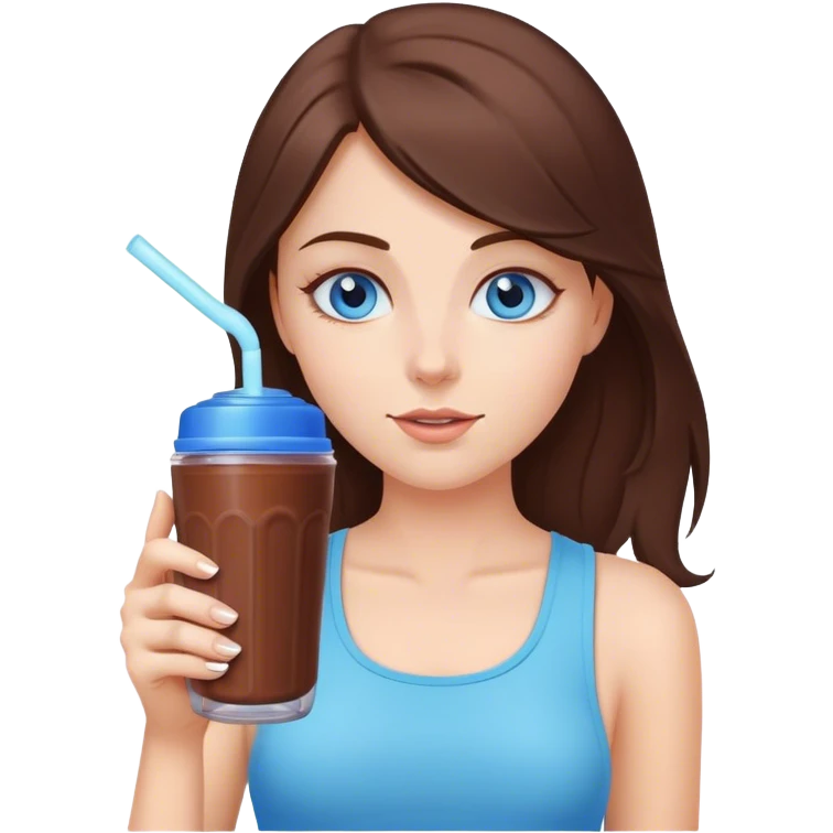 White girl brunette blue eyes drinking chocolate shake healthy In a shaker bottle emoji