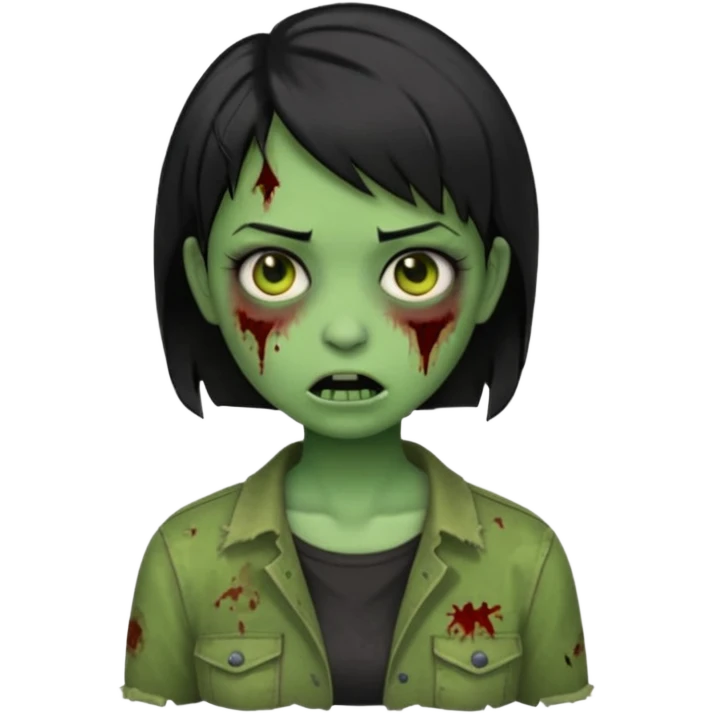 Emoji zombie girl verde com cabelo preto curto com uma expressão normal emoji