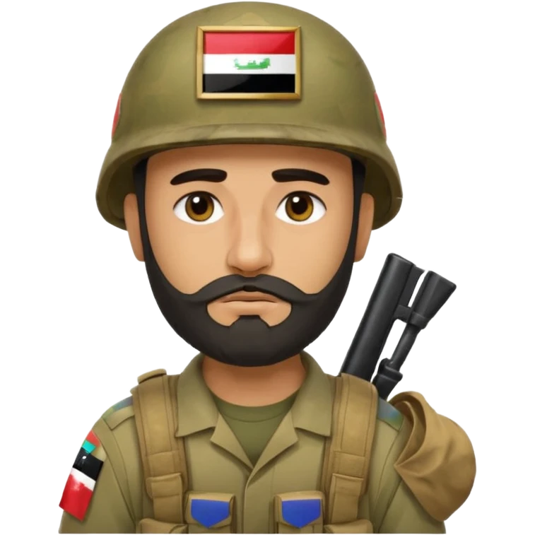 A very tired and sad, swarthy Iraqi soldier with a beard, an Iraqi flag on his helmet, a sad expression and bags under his eyes emoji
