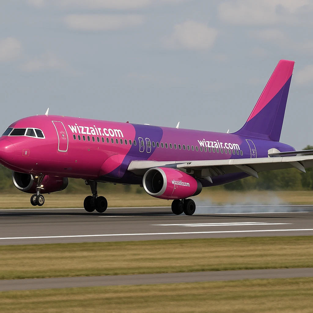 Wizz Air Airbus A320, landing, pink and purple livery, runway visible emoji