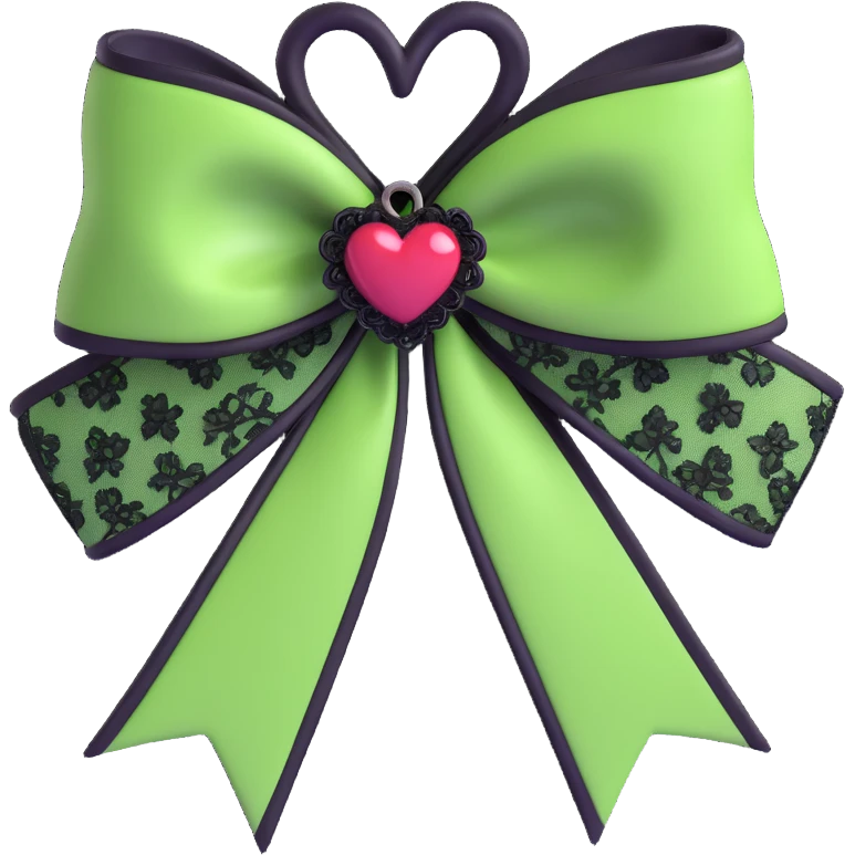green gothic bow with black lace trim and heart charm, remove background emoji