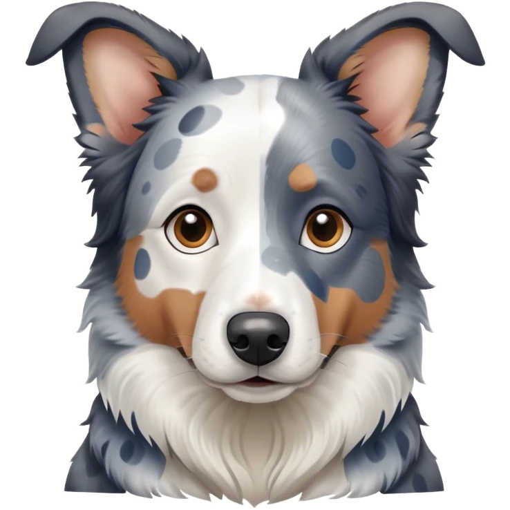 A merle border collie dog sitting, with blue and gray spotted coat, alert ears, and friendly expression emoji