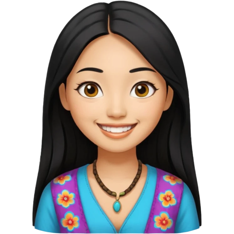 30 yr old asian woman hair trendy clothes center part big eyes big smile tanned skin straight black hair hippie part hair  emoji