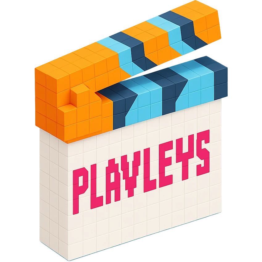 voxel style movie clapperboard with the text 'PLAVLEYS', orange lid, white body, isometric view emoji