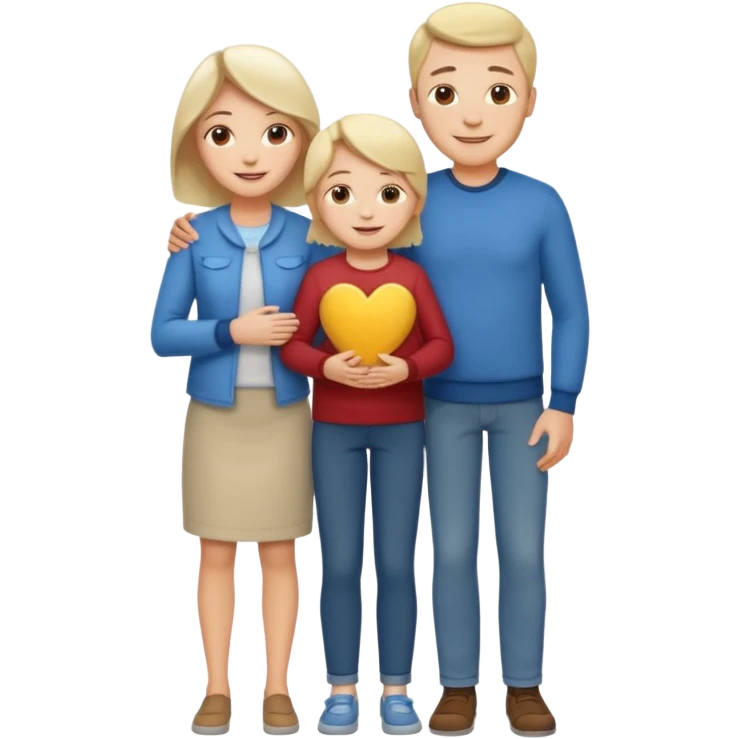 white family emoji: mother and father standing on each side of their child in the center, all smiling, warm expression, casual modern clothes emoji