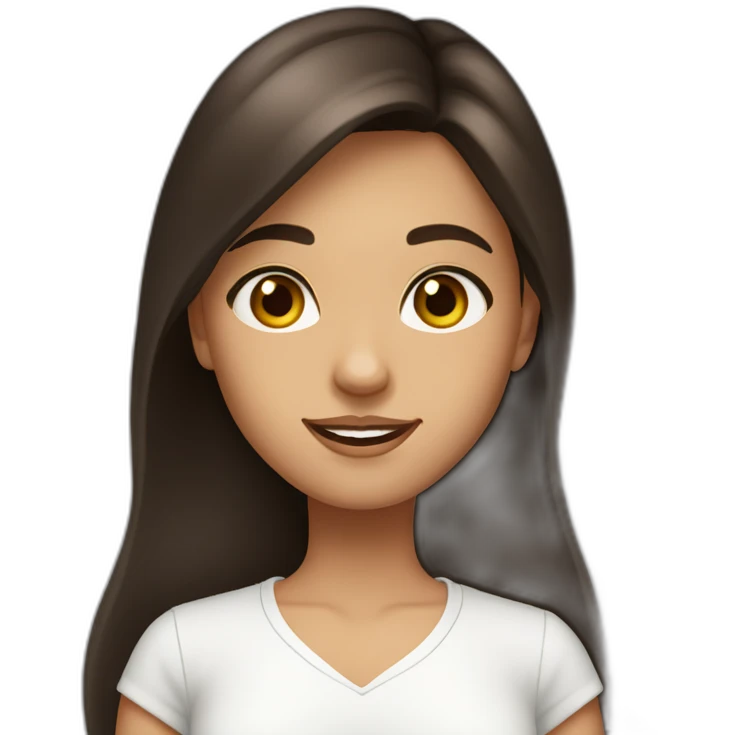 A girl with long dark brown hair, wearing a white shir, with brown eyes and slightly tanned emoji