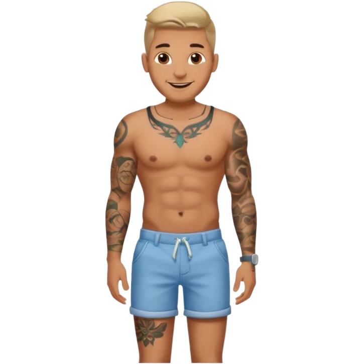 A man in tattoos handsome with flirty smile till legs  emoji