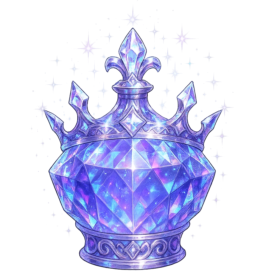 crown-shaped ultra luxurious elixir bottle, color #7986cb, multi-layered holographic and silver details, intricate crystal facets, magical radiant glowing and sparkling effects, seamless ornate bottom, very small neck, transparent background, floating clearly in air, not standing, no base or shadow, modern, extremely beautiful, matching a collection emoji