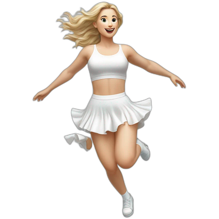 hyperrealistic-full-body-caucasian-curvy-beauty-jumping-small white-skirt-back-and-front-views-strong-wind-white knickers white socks emoji
