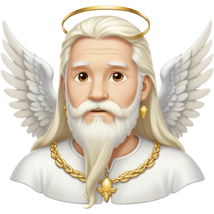 God, man with long white hair, beard and white mustache, white angel wings on his back, gold earrings hanging from ears emoji