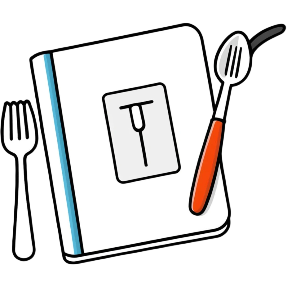 Closed cookbook with a fork and spoon symbol on the cover – collection of recipes emoji