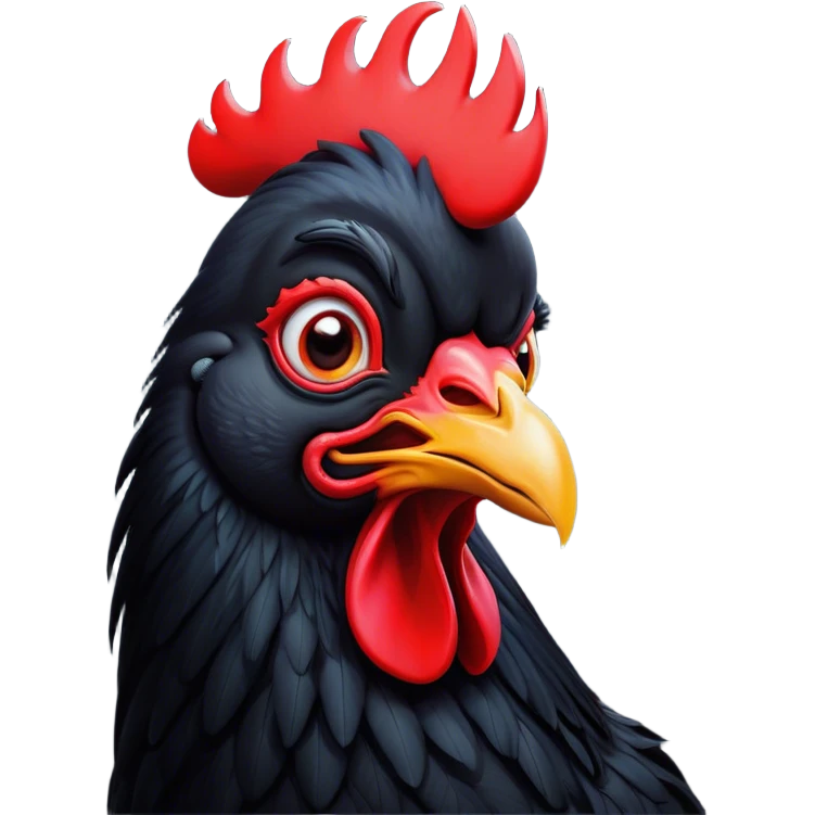 Cinematic Comical Black Rooster Portrait Emoji, Head tilted dramatically with an exaggeratedly shocked or amused expression, featuring a striking pure black plumage with a bold red comb, wide, expressive eyes filled with playful disbelief, Simplified yet hilariously expressive features, highly detailed, glowing with a slightly sassy glow, high shine, dramatic yet playful, stylized with an air of cheeky mischief, bright and endearing, soft glowing outline, capturing the essence of a spirited and over-the-top rooster, so meme-worthy it feels like it could crow its way into internet fame instantly! emoji