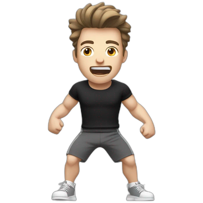amazed Open with surprise mouth Pale skinned Fit Man With the biceps and dark brown hair in black shirt, gray sports shorts and white Sneakers emoji