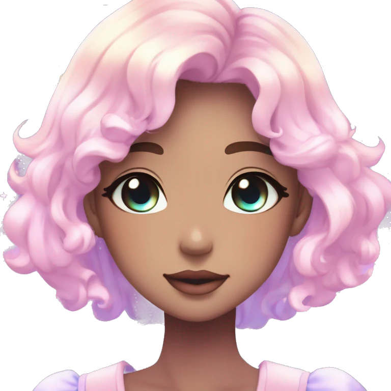 Gorgeous pastel anime style lady blushing nebula gradient sparkle face dreamy idol model colorful shiny stars galaxy kawaii cottagecore pearly petite simplistic aesthetic trending style emoji