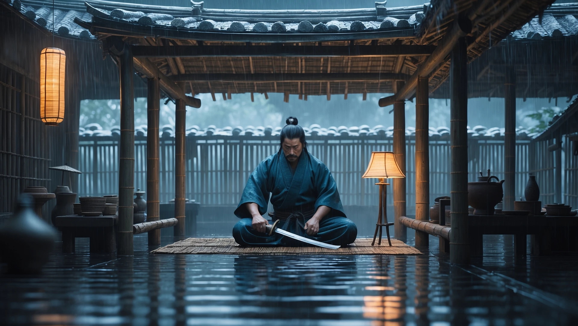 A cinematic scene from 1185, motion blur, wide shot of Taro polishing his katana in a bamboo hut, rain on roof, lamp-lit, symmetrical, gray-blue palette, tense, Arri Alexa, Wes Anderson. emoji