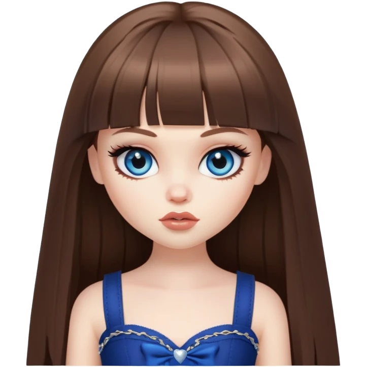 pretty bratz baddie, pale skin, bangs long straight brown hair, dark blueen eyes emoji