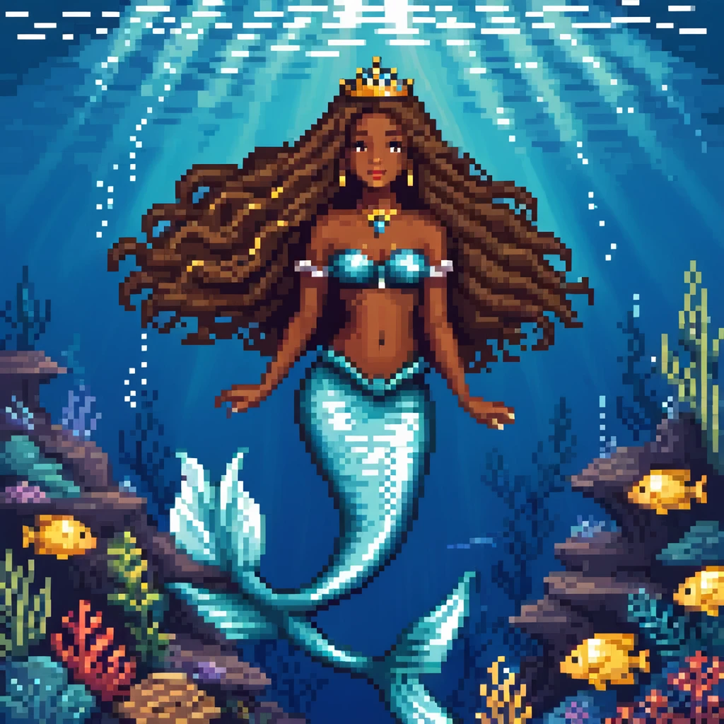 Dark brown skin mermaid princess with long flowing hair and royal accessories in deep blue ocean emoji