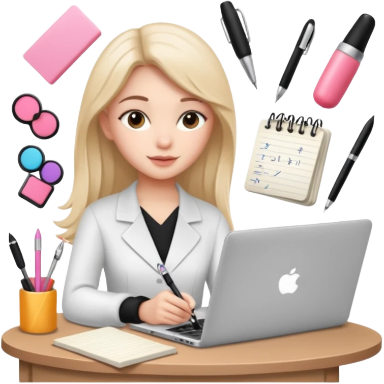CREATE ME A BEAUTY STUDENT LEARNING A COURSE ON A LAPTOP, ADD BEAUTY TOOLS AROUND, AND NOTES emoji