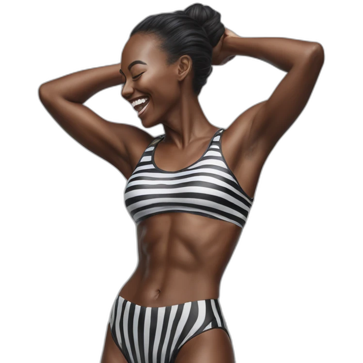 Hyper-realistic tall laughing fitness model in striped body paint from behind emoji