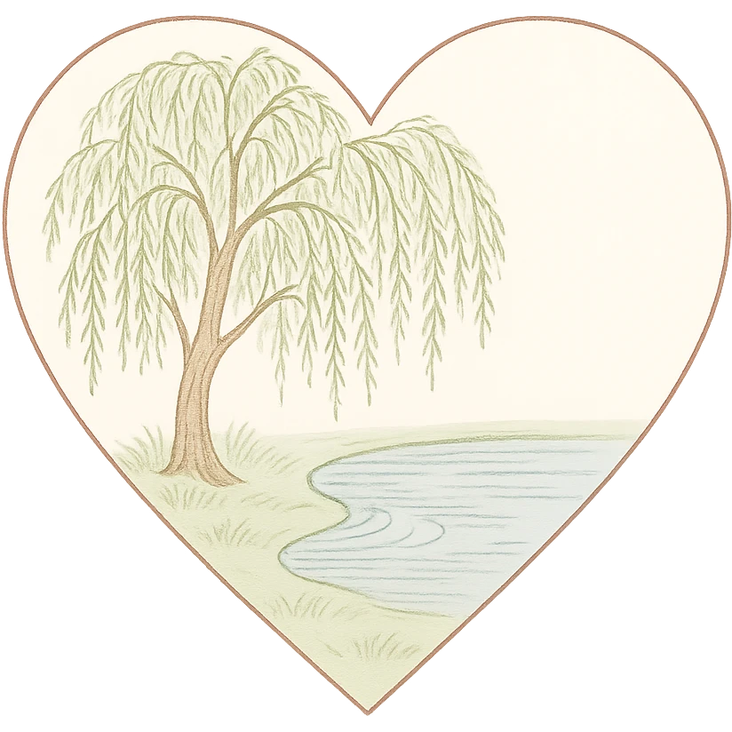 heart with a tranquil willow tree by a pond, clean digital illustration emoji